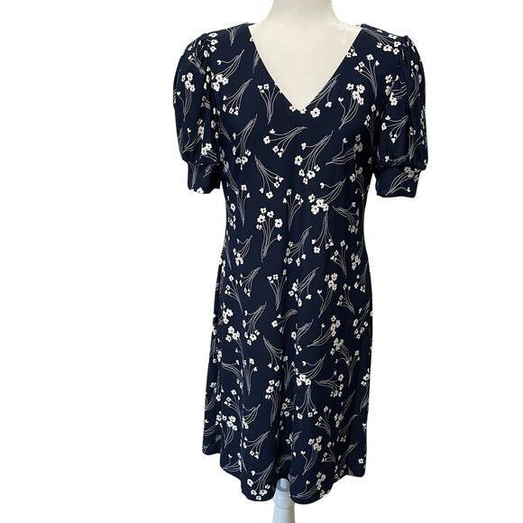 Tommy Hilfiger Dress Puff Short Sleeves V-Neck Blue Shift Dress Floral Sz 10 - Picture 1 of 11